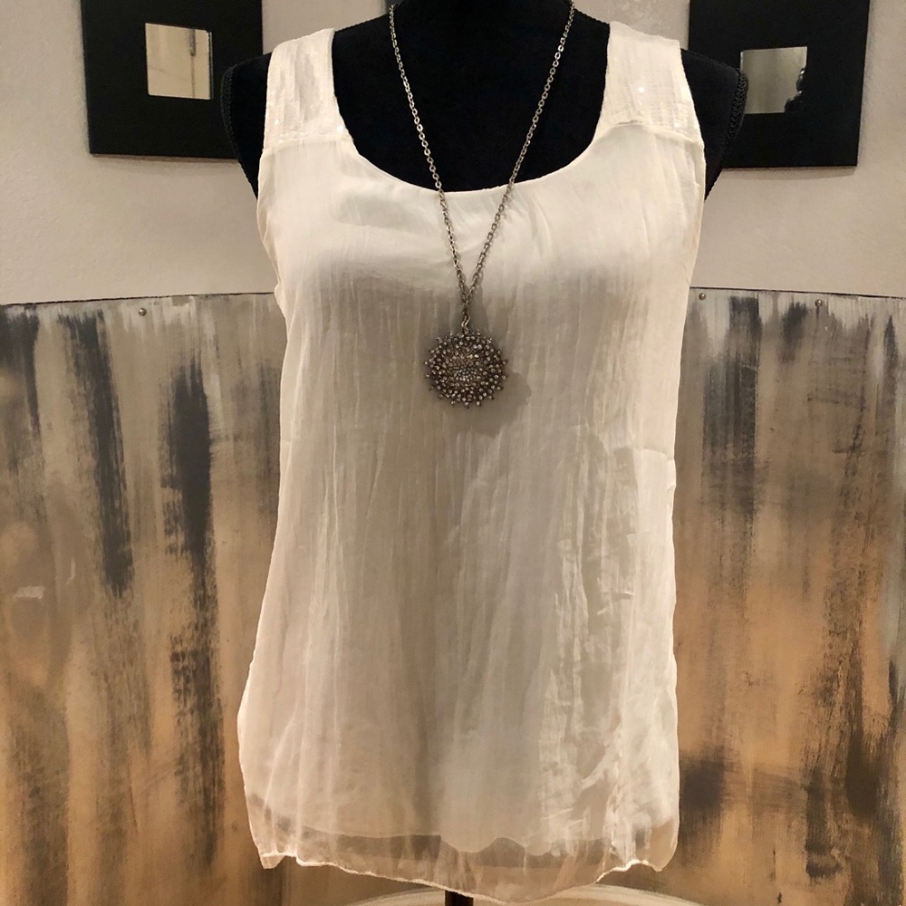 Soft Sequin Flowy Cream Sleeveless Top Sz S